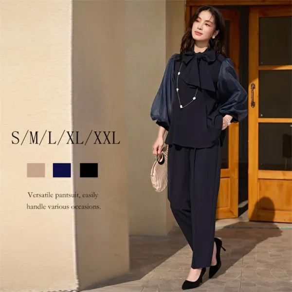 【2点セット】上品スリム韓国風 バルーンスリーブ切替トップス＋リラックスパンツ 2点セット