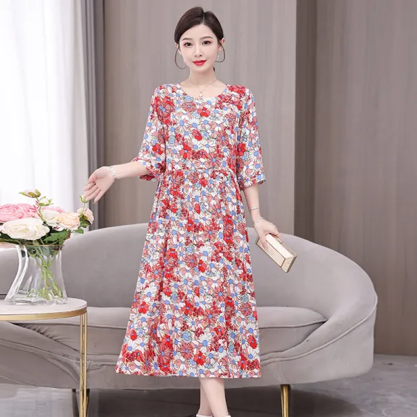 ワンピース  五分袖  コットン  ゆったり  ロング  夏服  普通  新作  レディース  大きめサイズ  洗練された