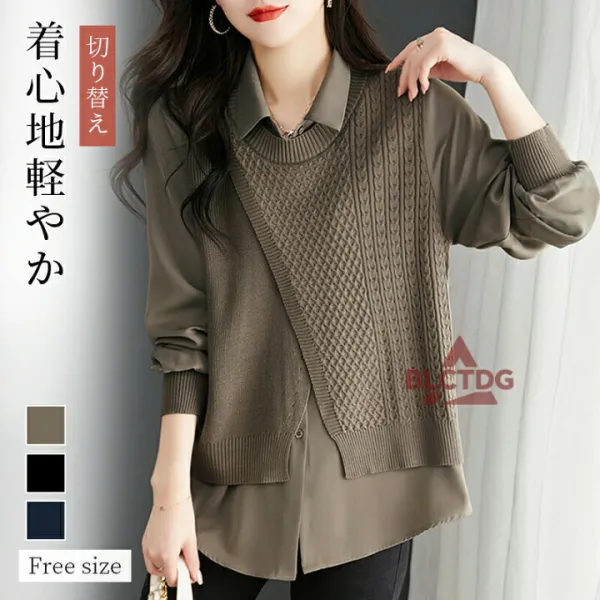 レディース トップス シャツ ブラウス フェイクシャツ 長袖シャツ  フェイクレイヤード 重ね着風  無地 ロング フレア 秋新作 春服 秋服  20代 30代 40代 50代 60代 着痩せ