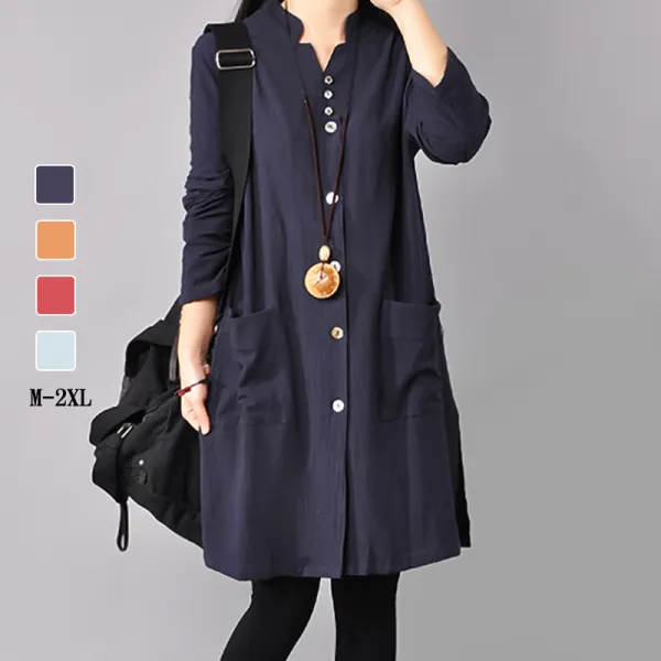 【全4色】カジュアルワンピーススタンドネック長袖ストレート無地ボタン | 新作入荷