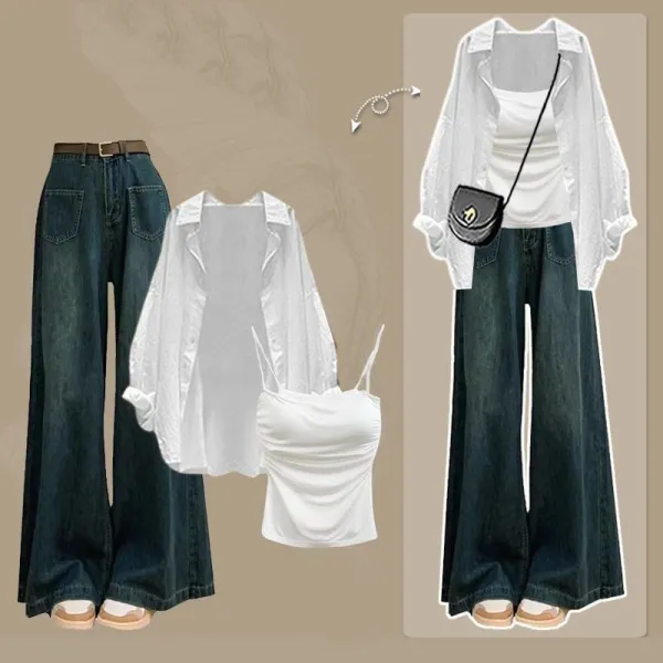 単品可3点セット｜無地キャミソール+シャツ+デニムパンツ｜ゆったり通勤着痩せ大人可愛い