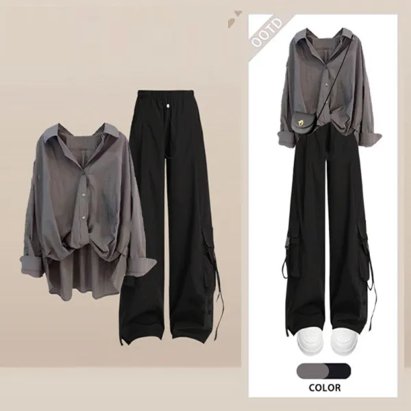 単品可2点セット｜中長長袖POLOネック無地トップス+パンツ | ファッション感満々