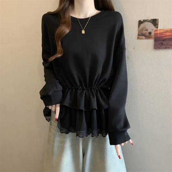 【全2色】パーカー無地長袖切り替えレースラウンドネック｜ゆったり可愛い