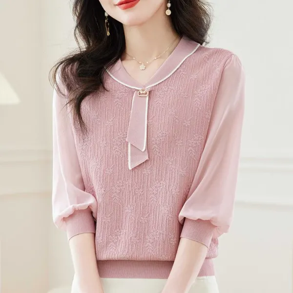 【全4色】ニットセーターVネック切り替えリボン結び｜大人可愛い通勤
