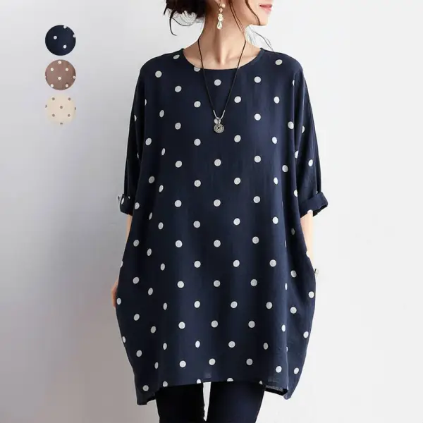 流行の予感 森ガール ドット柄 ラウンドネック 七分袖 Tシャツ