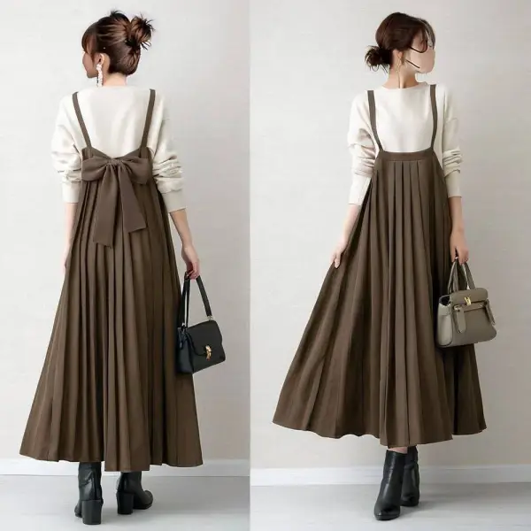 ジャンパースカートノースリーブリボン結びプリーツ無地Aライン｜見逃し厳禁