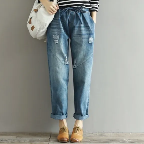 高見えデザインレトロファッションハイウエストストレートゆったりダメージ加工デニムパンツ