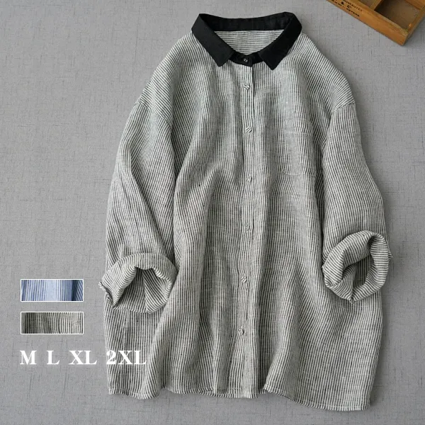 清新ストライト柄折り襟配色綿麻体型カバー文芸M-2XL森ガールシャツ・ブラウス