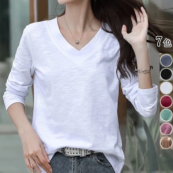 大人女子必見!プルオーバー長袖無地Vネック合わせやすいレディース体型カバーファッションTシャツ