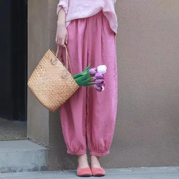 ピンク  カジュアル  ベージュ  カジュアルパンツ  コットン  スリムに見える  ゆったり  綿麻  薄  春夏  レディース