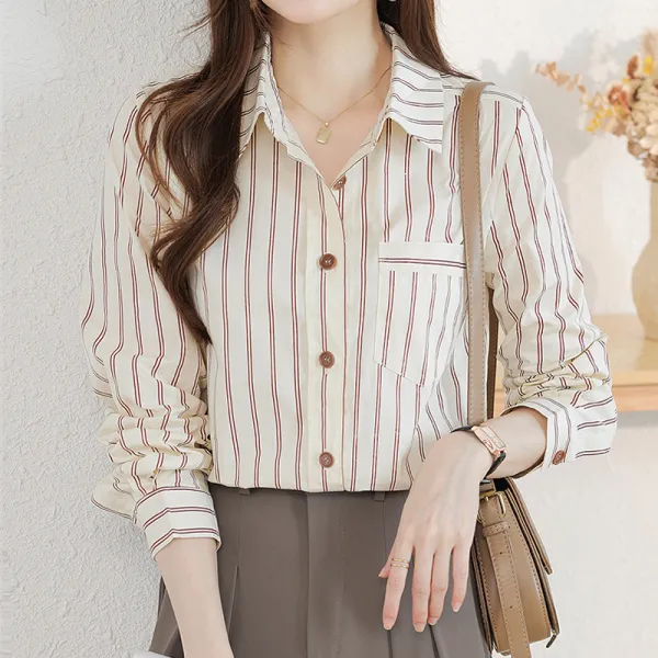 シャツ  ストライプ  ストライプ柄  長袖  どんなスタイルにも合う  ゆったり  折り襟  秋  春秋  通勤/OL  気質  新作  レトロ  レディース
