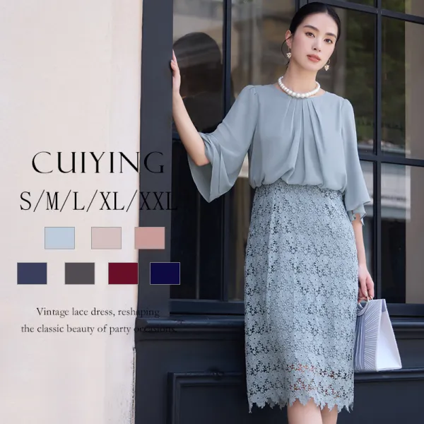 ドルマンスリーブ  レース  ワンピース  切り替え  シルク  レディース  スリムに見える  クルーネック  韓国風  通勤/OL  新作  24