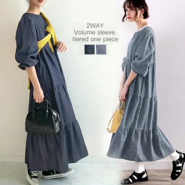 SNSで大騒ぎ韓国系ランタンスリーブボタンギャザー切り替え通勤体型をカバーデニムワンピースカジュアルワンピース