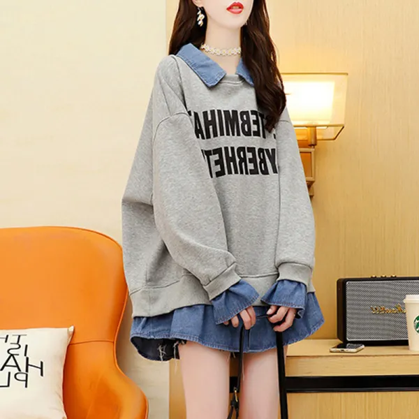 【重ね着風】デニム切り替えスウェット レディース 春秋