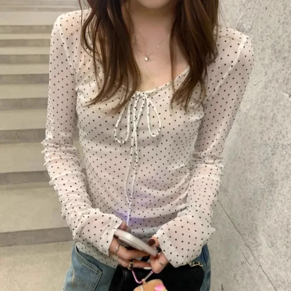 Tシャツ  ドット  長袖  スリムフィット」  チュール  薄  レーシング  インナー  新作  レディース