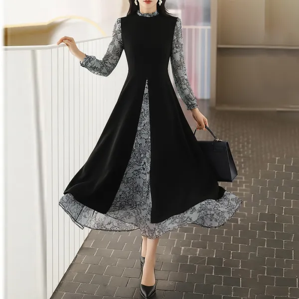 女性らしさ全開♡ 長袖 レイヤード / 重ね着風 スリット プリント Aライン ファッション ワンピース