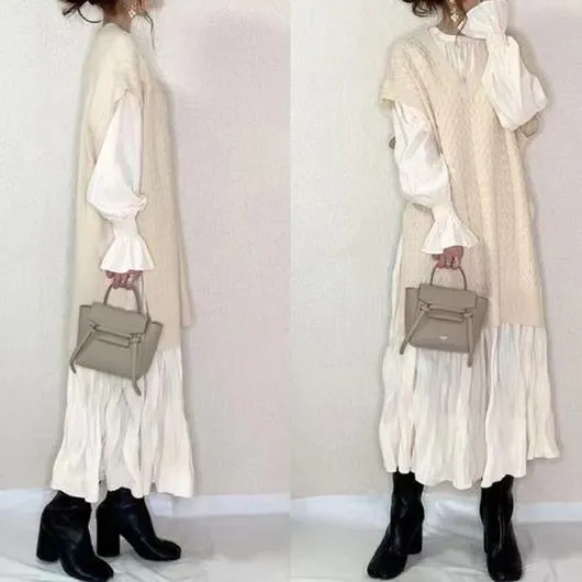 主役級 パフスリーブ ハイウエスト プルオーバー スタンドネック 長袖 清新 デートワンピース