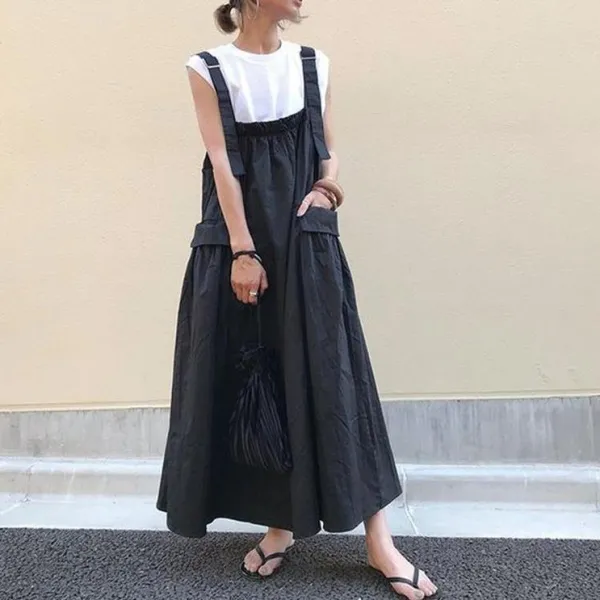 売り切れ必至 無地 ノースリーブ プルオーバー シンプル ロング カジュアルワンピース