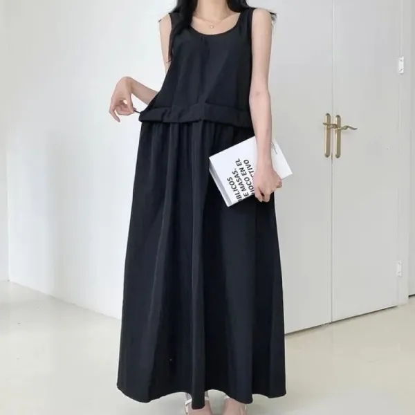 新作発売！ 中長 ラウンドネック ノースリーブ 無地 プルオーバー ワンピース