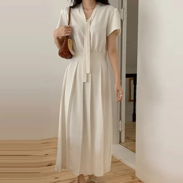 毎日モテ続けちゃう！ 無地 半袖 Vネック パフスリーブ プリーツ シンプル ワンピース