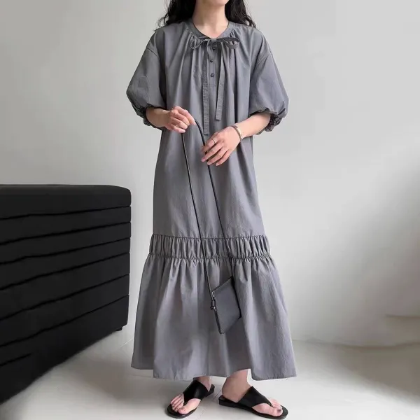 「着回しのコツ」 パフスリーブ 半袖 無地 ボタン ポケット付き カジュアル ワンピース