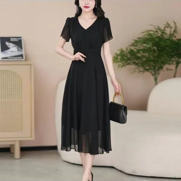 流行の予感 無地 半袖 Vネック Aライン 切り替え エレガント ワンピース