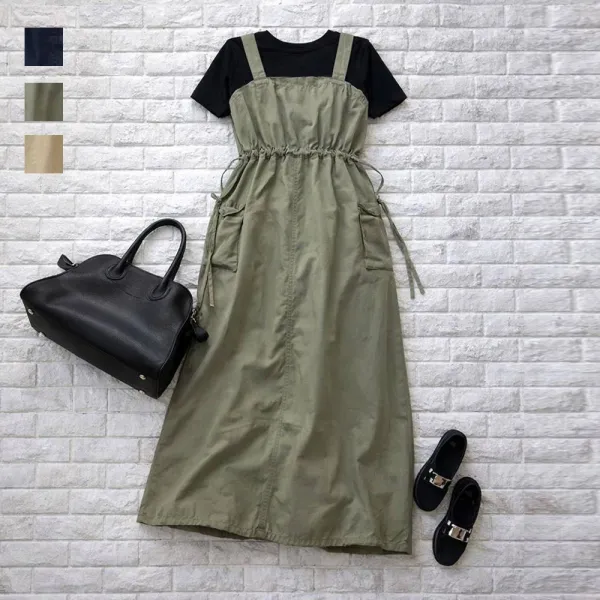 大流行新作 キャミソール ノースリーブ スクエアネック 無地 ポケット付き カジュアル ワンピース