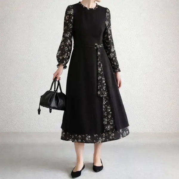 新作登場 長袖 ベルト付き 切り替え プリント レイヤード / 重ね着風 定番 ワンピース