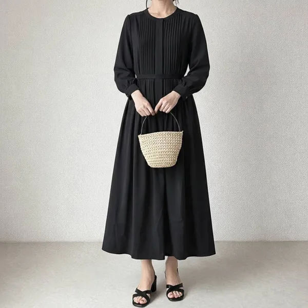 「今 着たい」 プリーツ 無地 Aライン 長袖 ボタン ファッション カジュアルワンピース