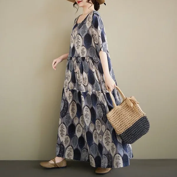 キレイ見え ビックシルエット 柔軟加工 ポケット付き 通気性良い プリント カジュアルワンピース