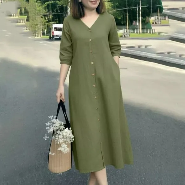 トレンドアイテム ポケット付き ボタン レギュラーウエスト ロング 七分袖 Vネック シンプル カジュアルワンピース