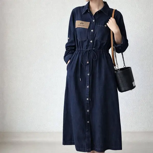 『大人が着たいアイテム』 長袖 折り襟 ハイウエスト Aライン 無地 ファッション デニムワンピース