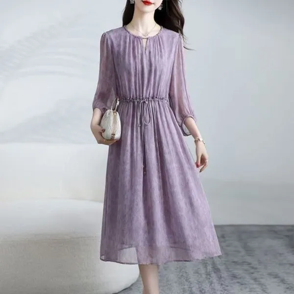 お買い得！ ラウンドネック リボン Aライン プリント 七分袖 ファッション ワンピース