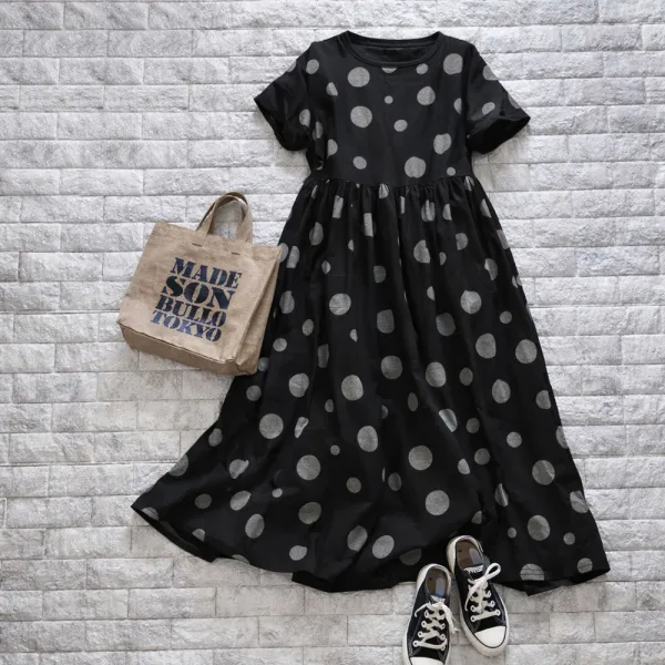 見逃し厳禁 ドット柄 ギャザー ポケット付き 半袖 Aライン 森ガール ワンピース