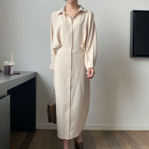 可愛くて繊細な 今季人気 キレカジ 細身シルエット ランタンスリーブ スリット 上品見え ハイウエスト 旅行 シングルブレスト シャツワンピース