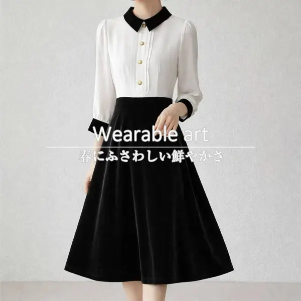 新品殺到 無地 切り替え Aライン 折り襟 七分袖 エレガント ワンピース