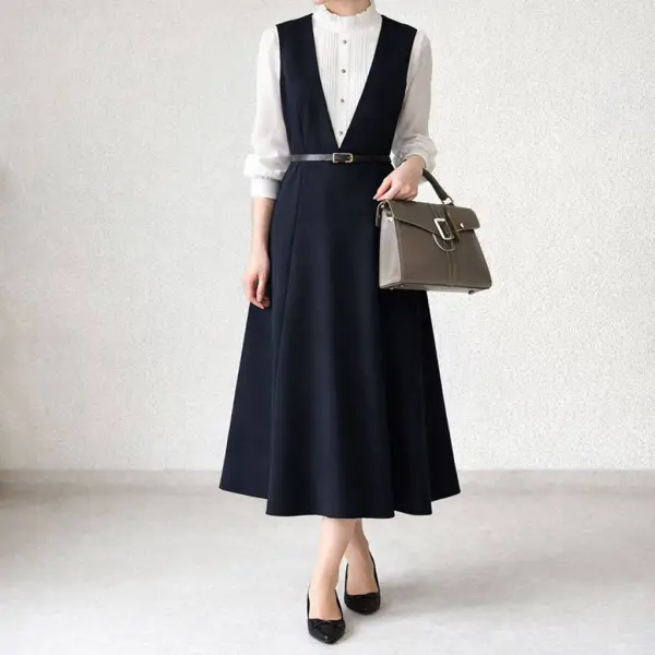 毎日参考になる！ 長袖 配色 切り替え 重ね着風 Aライン エレガント ワンピース