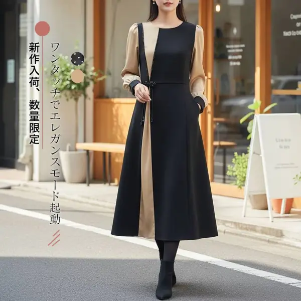 新商品をピックアップ！ 切り替え 配色 Aライン ドット柄 長袖 シンプル ワンピース