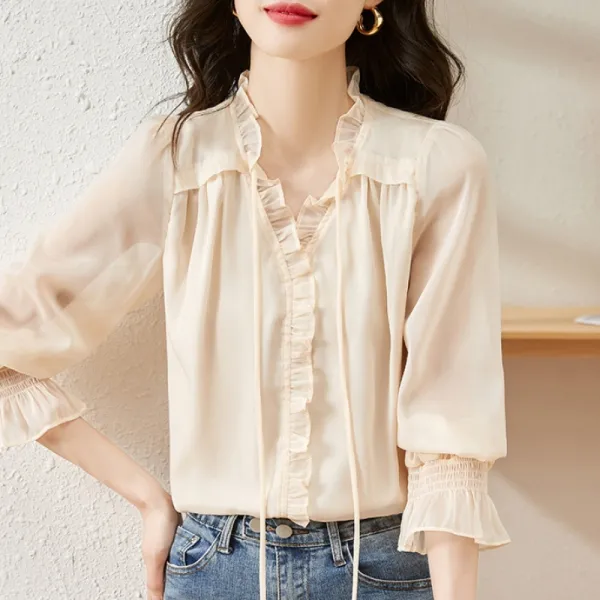 人気沸騰 スタンドネック 無地 リボン 切り替え エレガント スウィート シャツ