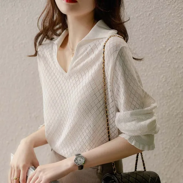 一番安い新作 透かし彫り 折り襟 無地 Vネック 長袖 エレガント ニットセーター