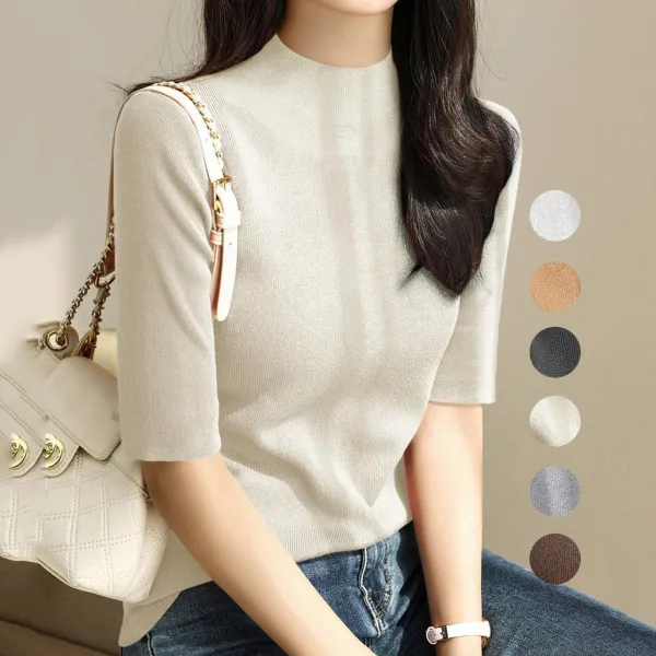 主役級 ハーフネック 五分袖 無地 プルオーバー カジュアル ニットセーター