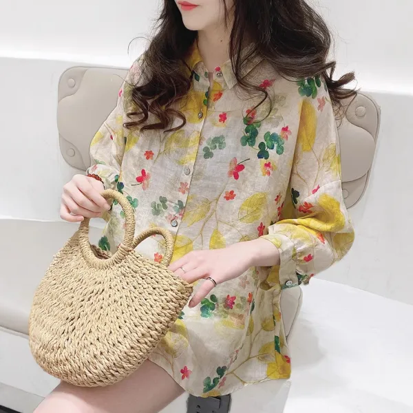 新品殺到中 UVカット 森ガール シングルブレスト プリント レトロ キレカジ 気分転換 ランタンスリーブ シャツ