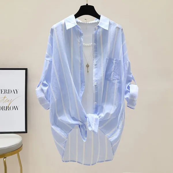 夏にぴったりシングルブレスト折り襟長袖ストライプ柄カーディガン