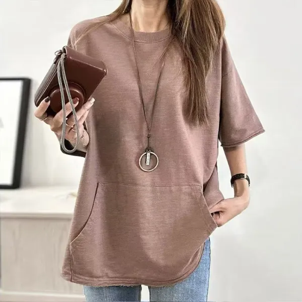 好印象MAX♡ ラウンドネック ポケット付き 無地 プルオーバー 半袖 ゆったり 韓国系 Tシャツ