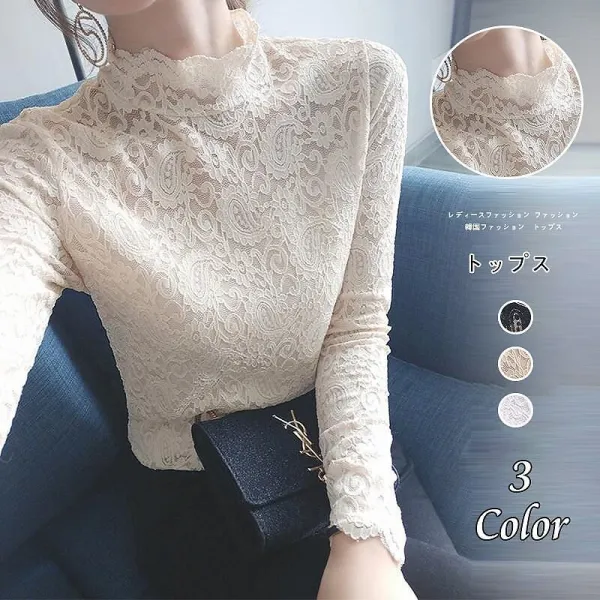 無地ハーフネックプルオーバーレース長袖Tシャツ