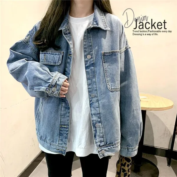韓国系ファッション折り襟無地カジュアル切り替えデニムジャケット