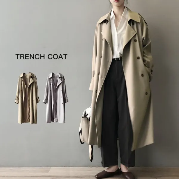 韓国で人気爆発無地折り襟ベルト付きファッショントレンチコート