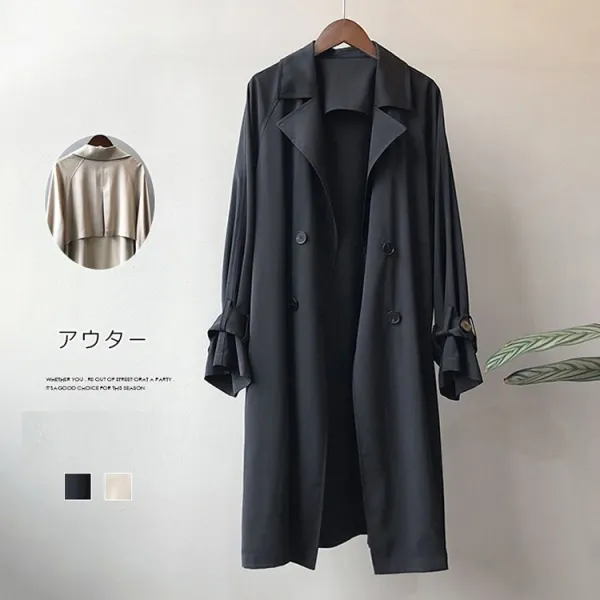 きれいめ系ファッション無地ボタン折り襟ダブルブレストトレンチコート