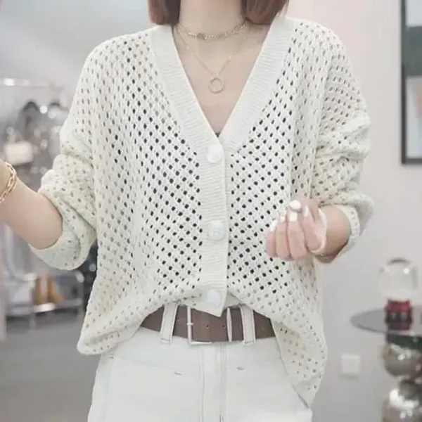 インスタで超人気 ボタン 長袖 Vネック 無地 透かし彫り カジュアル カーディガン