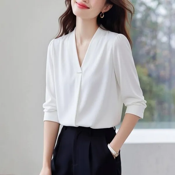 No.1 人気商品 五分袖 無地 Vネック オフィス 耐久性 通勤/OL シフォンシャツ